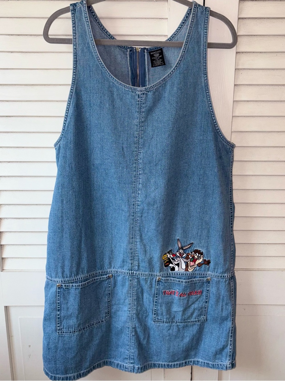 Vintage 90s Warner Bros Looney Tunes Denim Jumper Dress XL Embroidered - Picture 2 of 5